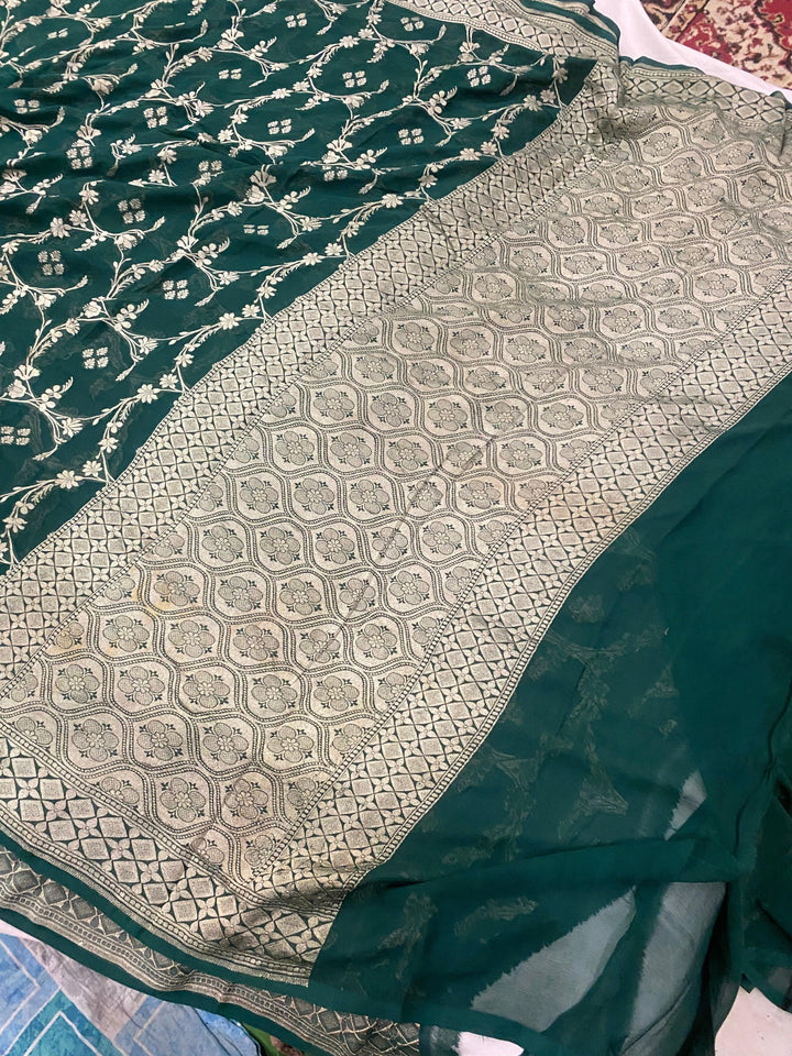 Bottle Green Pure Banarasi Khaddi Georgette Saree - Aura Benaras
