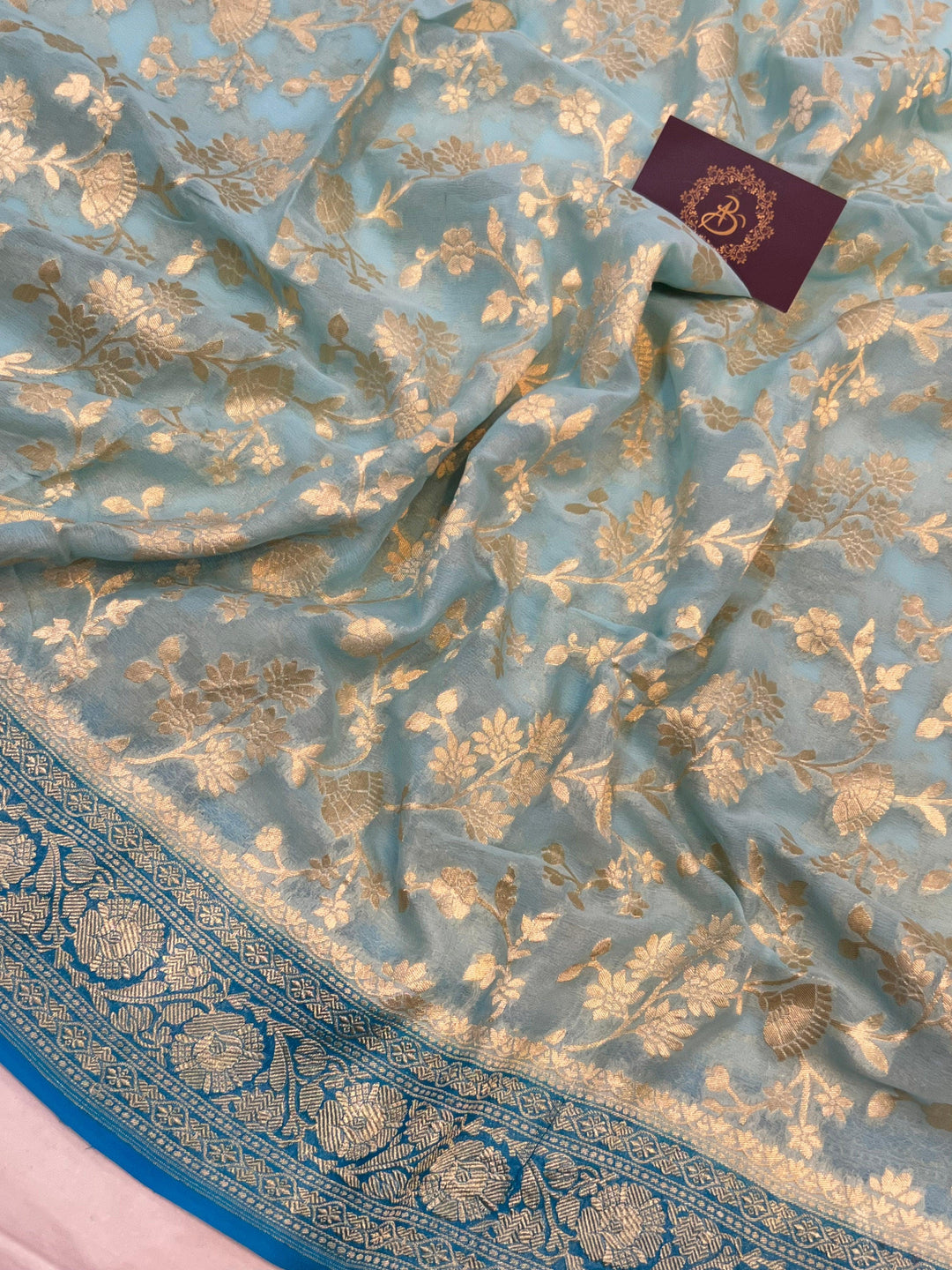 Pale Blue Pure Banarasi Handloom Khaddi Georgette Saree - Aura Benaras