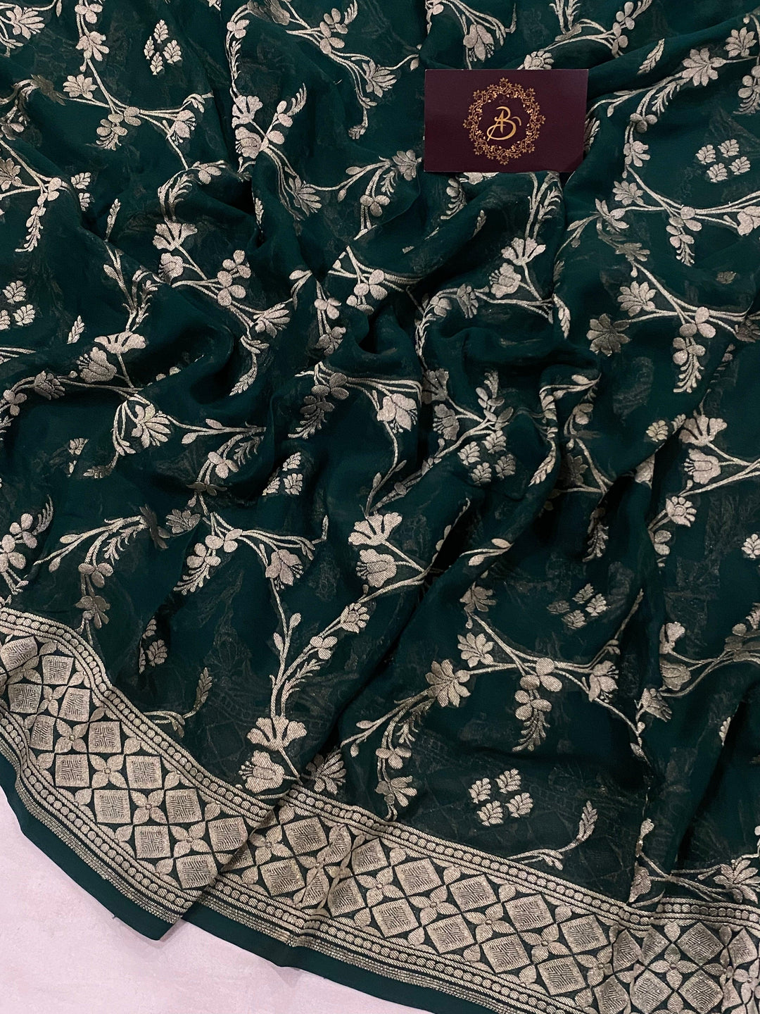 Bottle Green Pure Banarasi Khaddi Georgette Saree - Aura Benaras