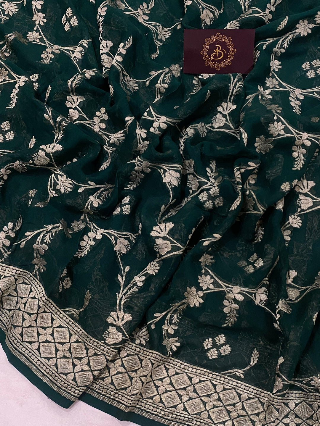 Bottle Green Pure Banarasi Khaddi Georgette Saree - Aura Benaras