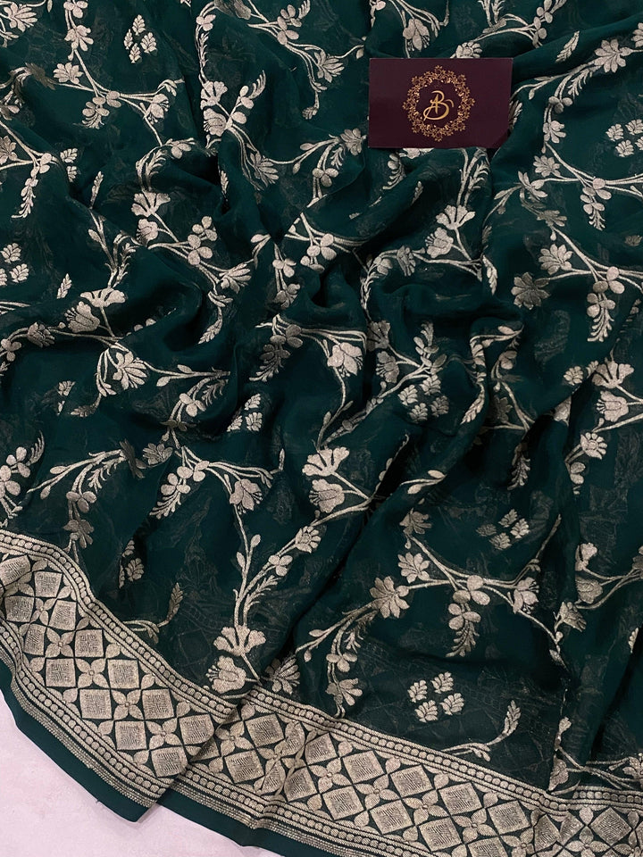 Bottle Green Pure Banarasi Khaddi Georgette Saree - Aura Benaras