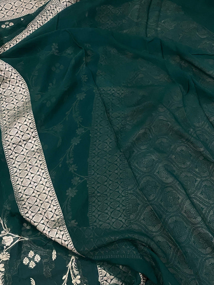 Bottle Green Pure Banarasi Khaddi Georgette Saree - Aura Benaras