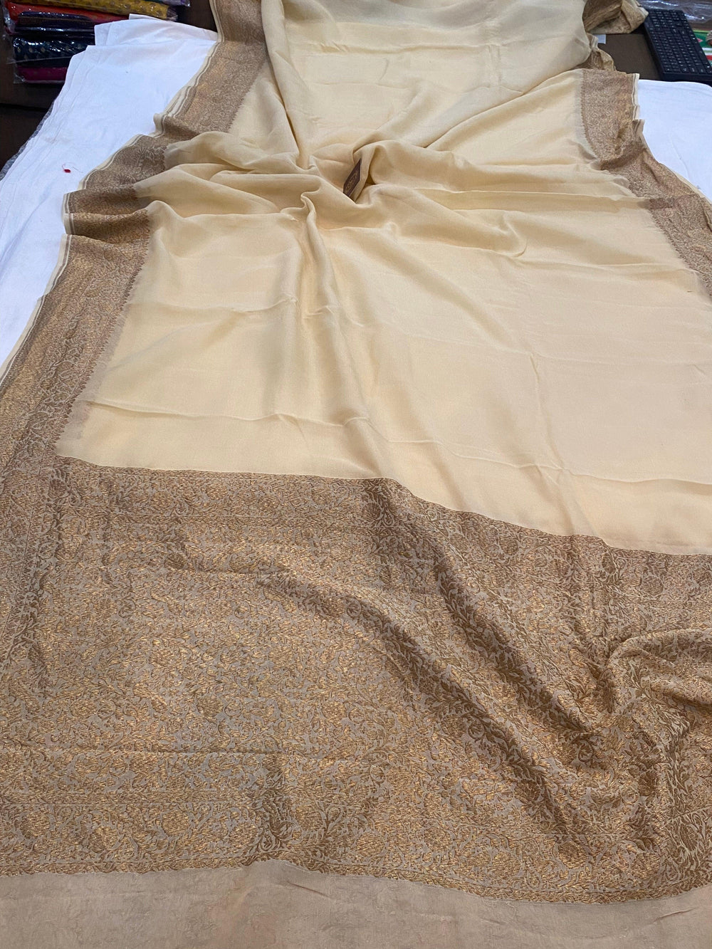 Beige Pure Banarasi Khaddi Georgette Saree - Aura Benaras