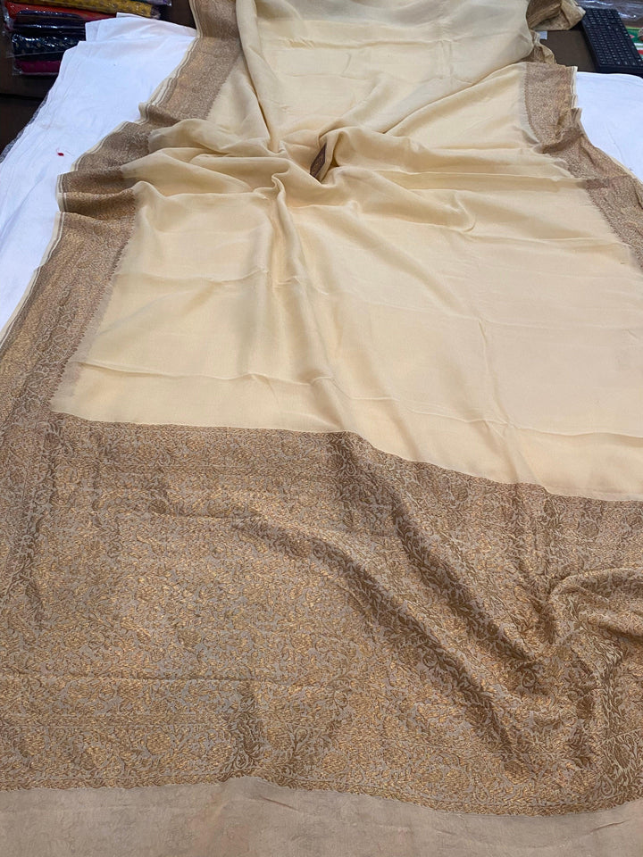 Beige Pure Banarasi Khaddi Georgette Saree - Aura Benaras