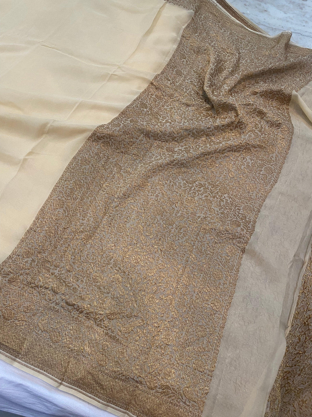 Beige Pure Banarasi Khaddi Georgette Saree - Aura Benaras