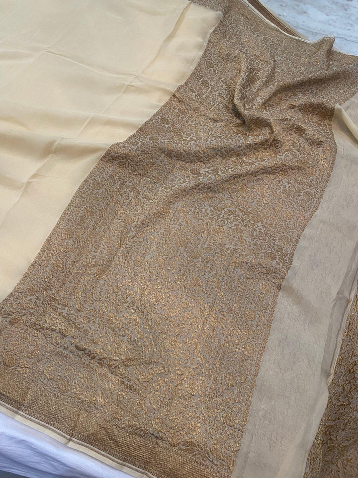 Beige Pure Banarasi Khaddi Georgette Saree - Aura Benaras