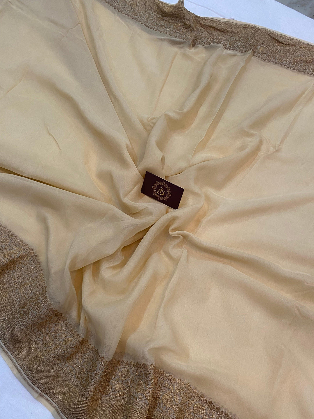 Beige Pure Banarasi Khaddi Georgette Saree - Aura Benaras