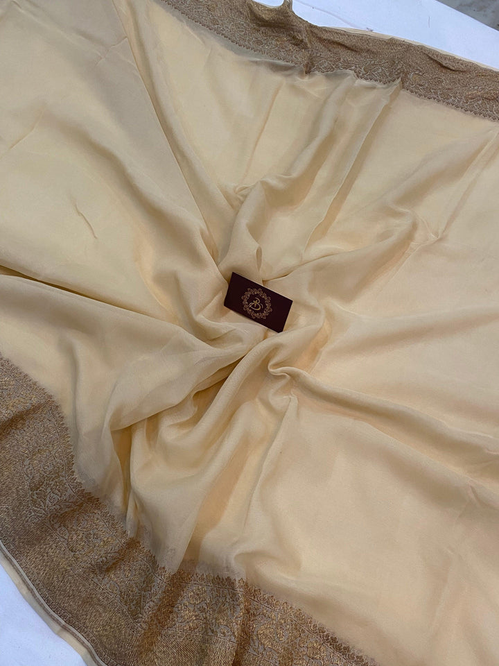 Beige Pure Banarasi Khaddi Georgette Saree - Aura Benaras