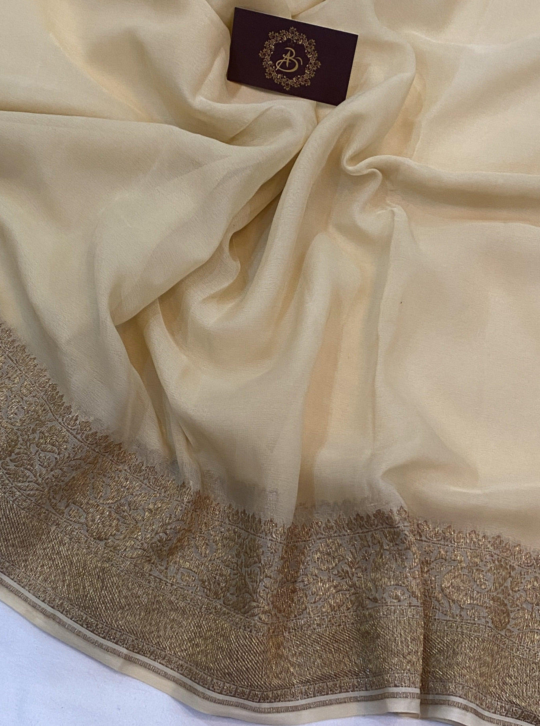 Beige Pure Banarasi Khaddi Georgette Saree - Aura Benaras