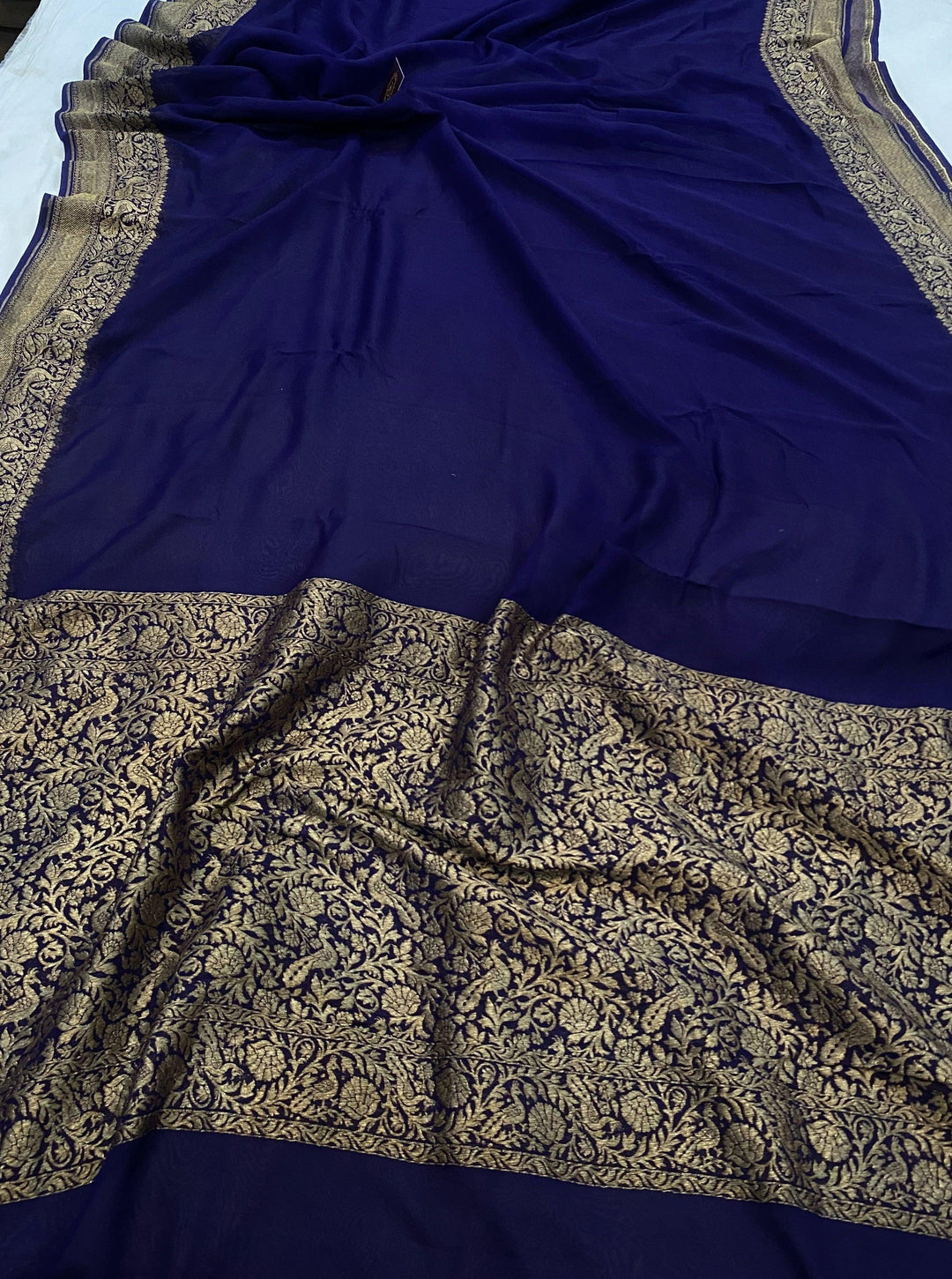 Navy Blue Pure Banarasi Khaddi Georgette Saree - Aura Benaras