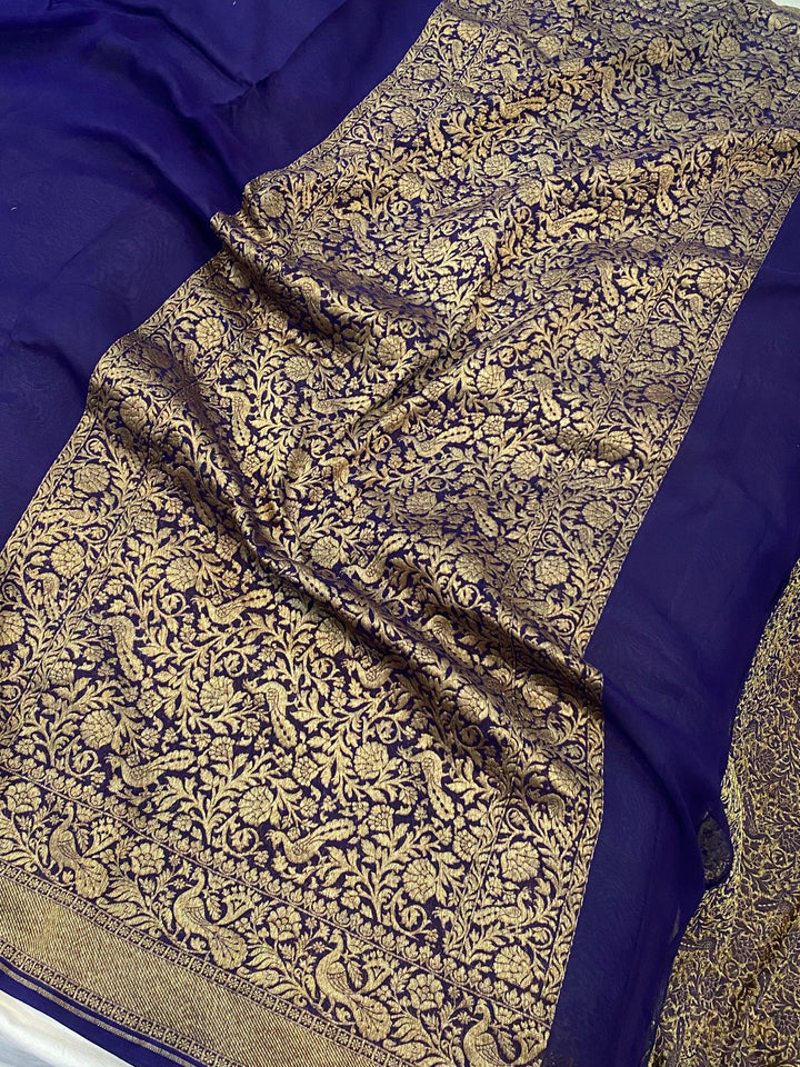 Navy Blue Pure Banarasi Khaddi Georgette Saree - Aura Benaras