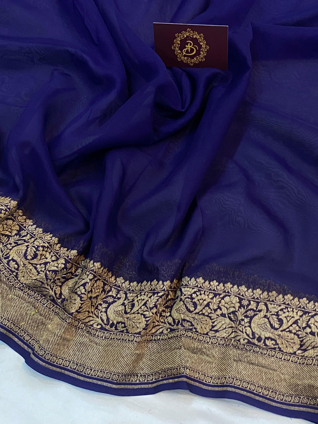 Navy Blue Pure Banarasi Khaddi Georgette Saree - Aura Benaras
