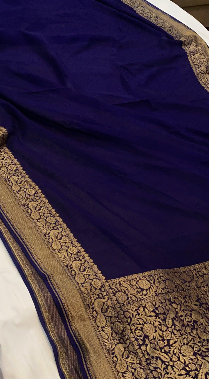 Navy Blue Pure Banarasi Khaddi Georgette Saree - Aura Benaras