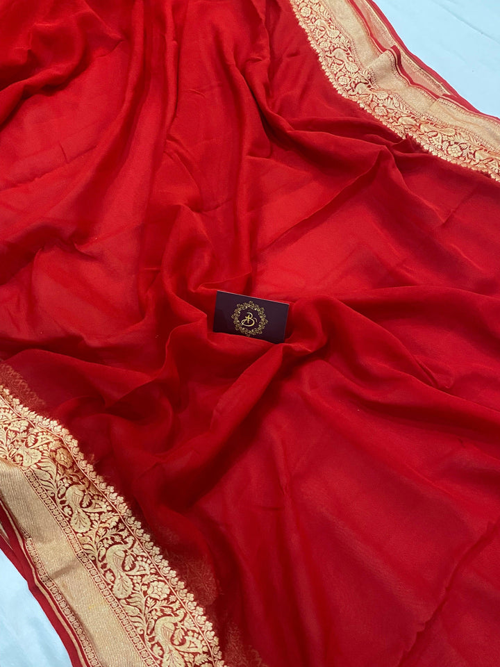 Red Pure Banarasi Khaddi Georgette Saree - Aura Benaras