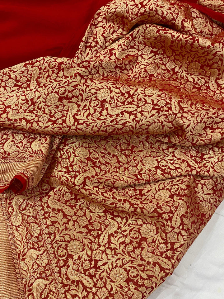 Red Pure Banarasi Khaddi Georgette Saree - Aura Benaras