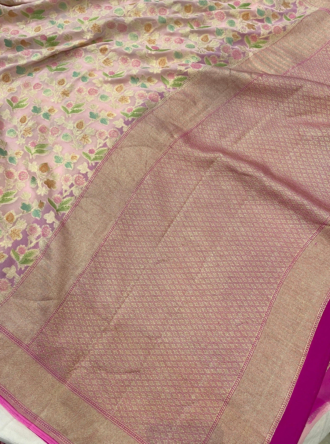 Baby Pink Banarasi Handloom Pure Georgette Saree - Aura Benaras