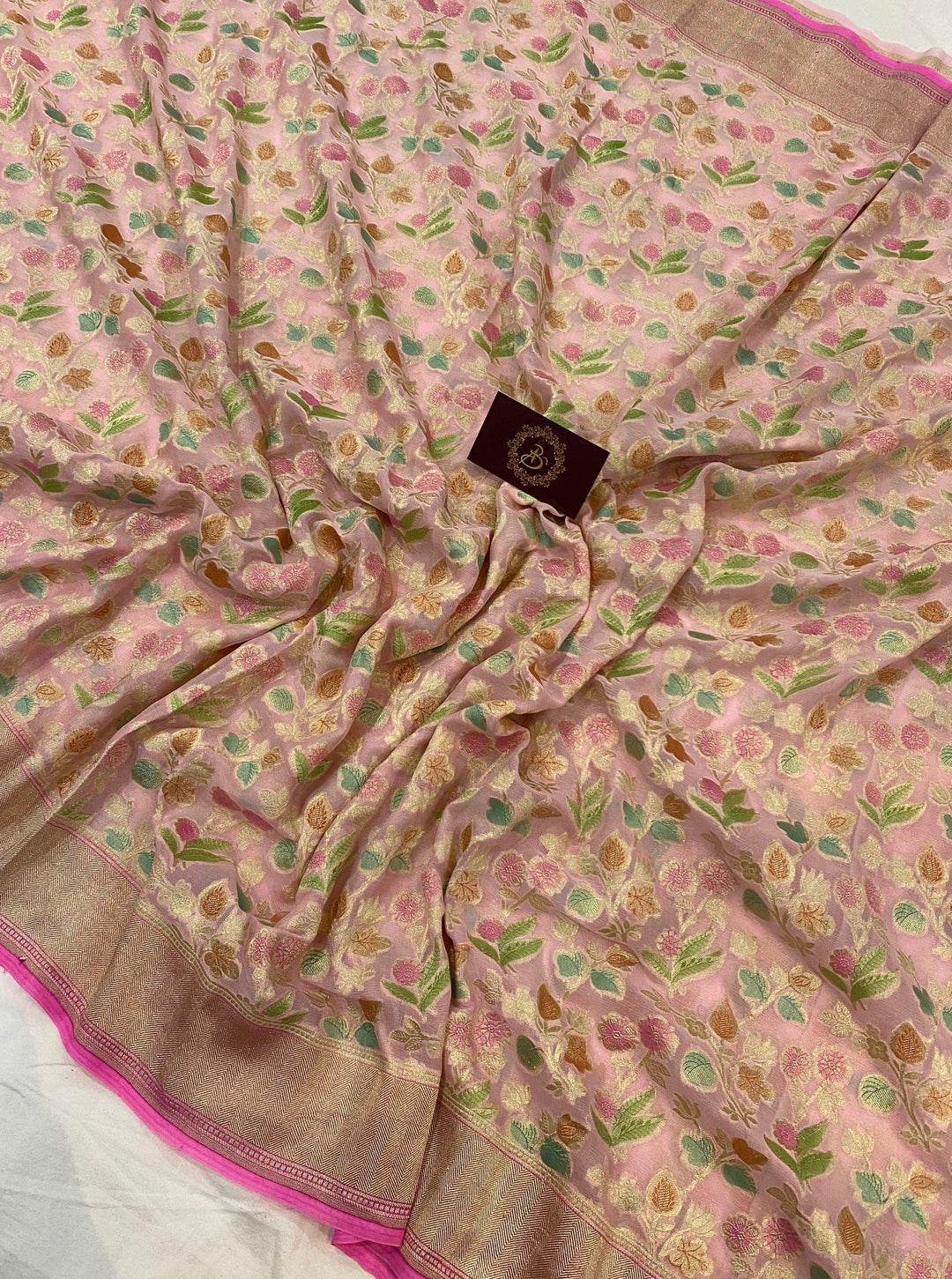 Baby Pink Banarasi Handloom Pure Georgette Saree - Aura Benaras