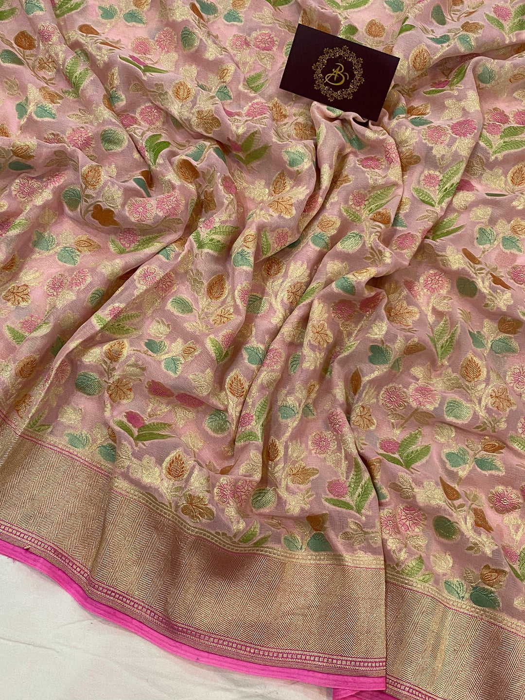 Baby Pink Banarasi Handloom Pure Georgette Saree - Aura Benaras