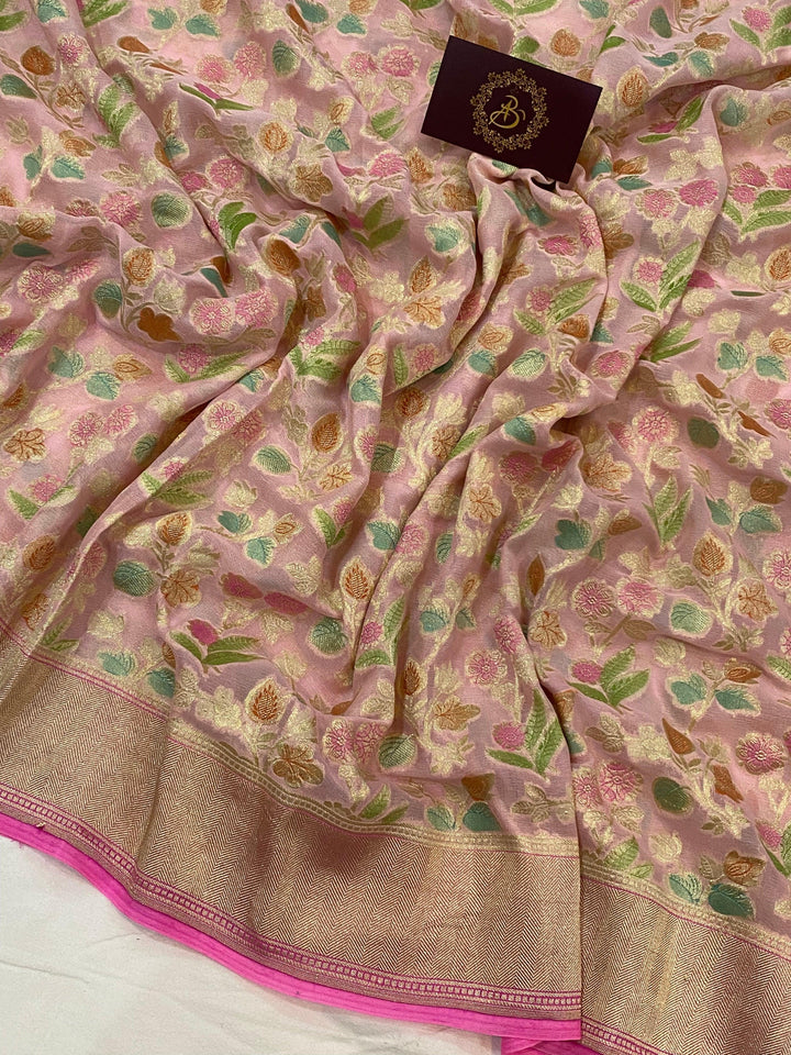 Baby Pink Banarasi Handloom Pure Georgette Saree - Aura Benaras