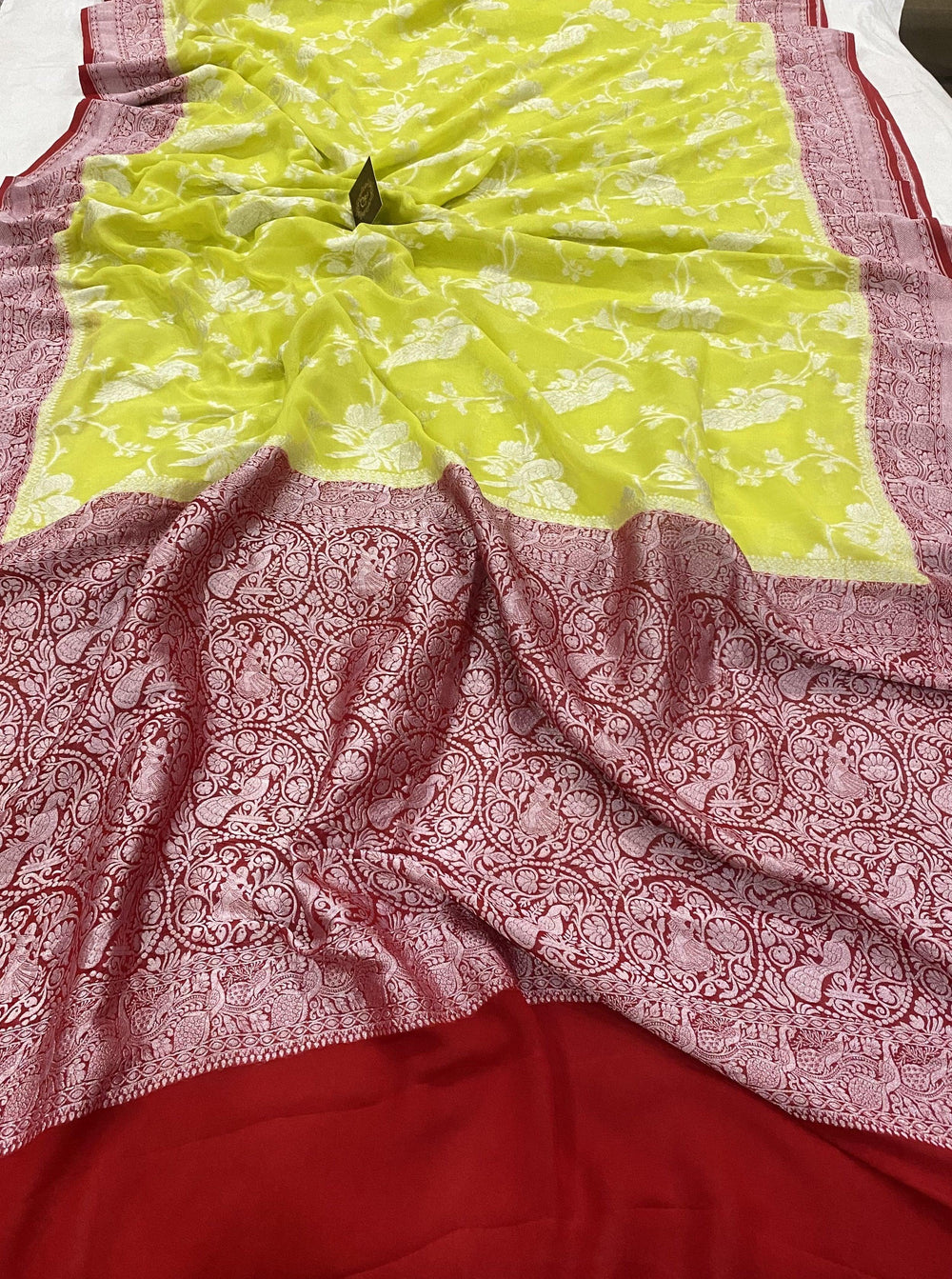 Lemon Yellow Banarasi Khaddi Georgette Saree - Aura Benaras