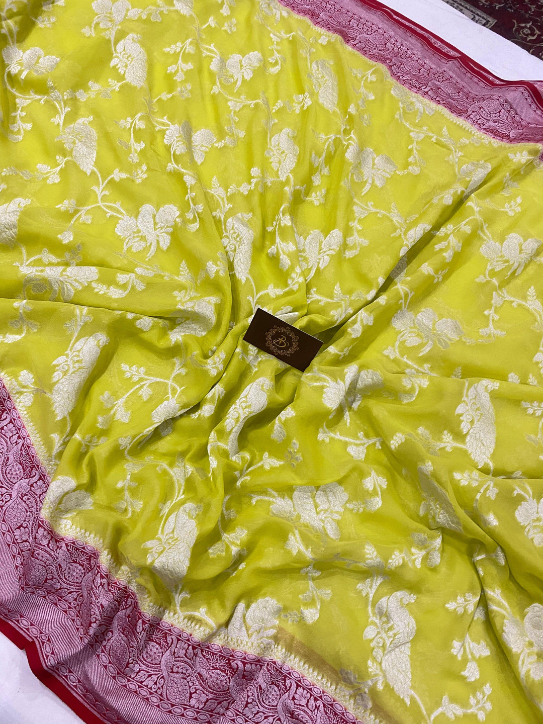 Lemon Yellow Banarasi Khaddi Georgette Saree - Aura Benaras