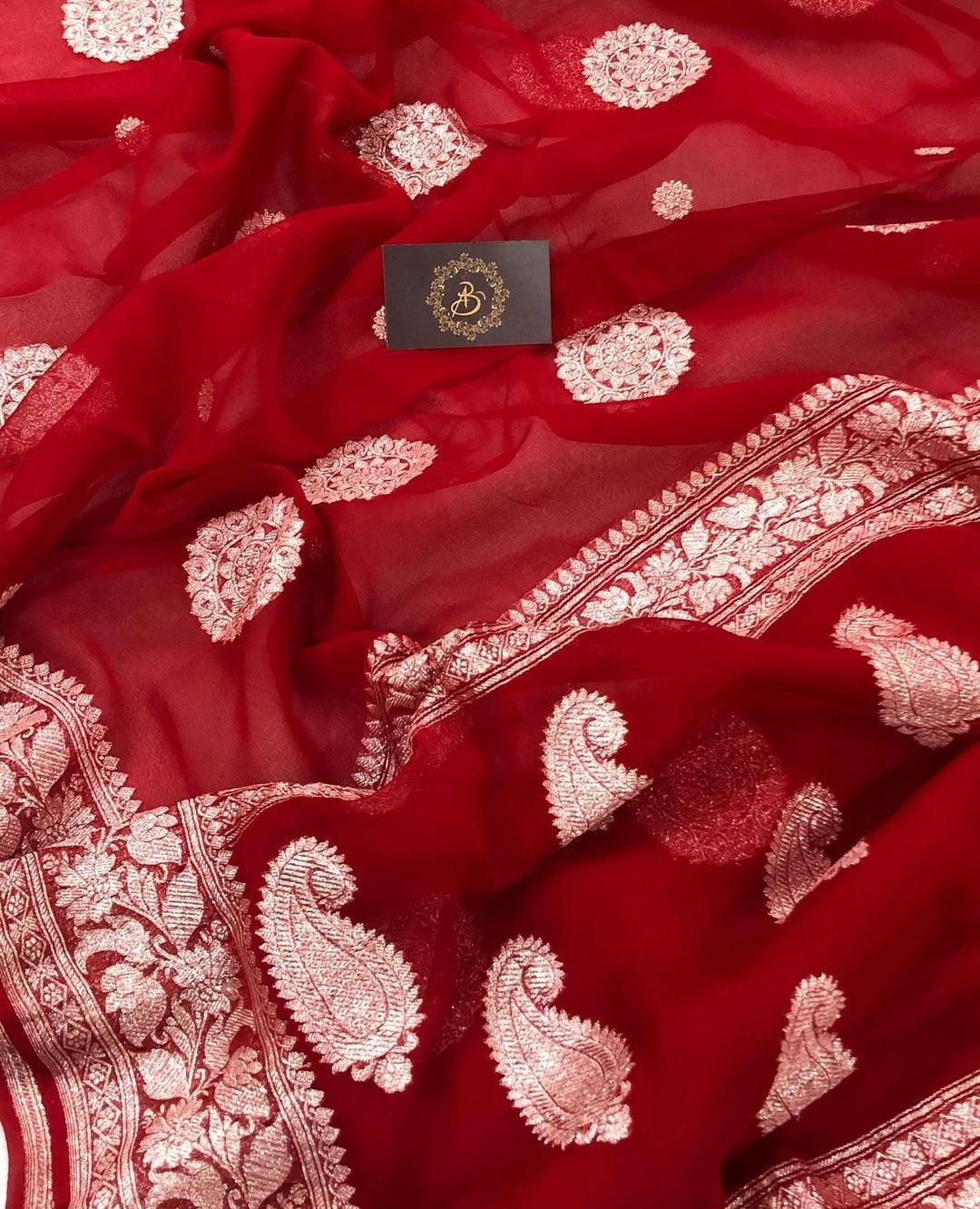 Red Khaddi Chiffon Banarasi Handloom Saree - Aura Benaras