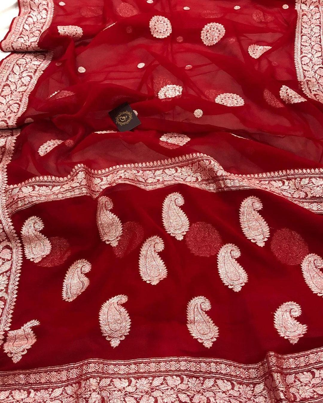 Red Khaddi Chiffon Banarasi Handloom Saree - Aura Benaras