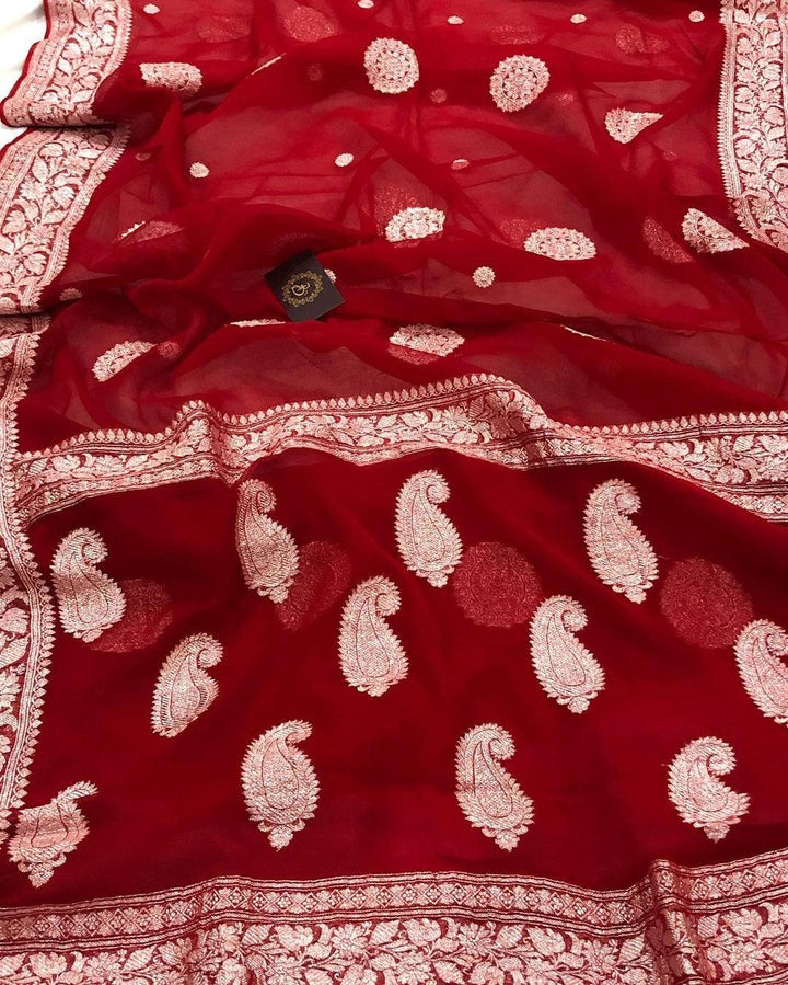Red Khaddi Chiffon Banarasi Handloom Saree - Aura Benaras