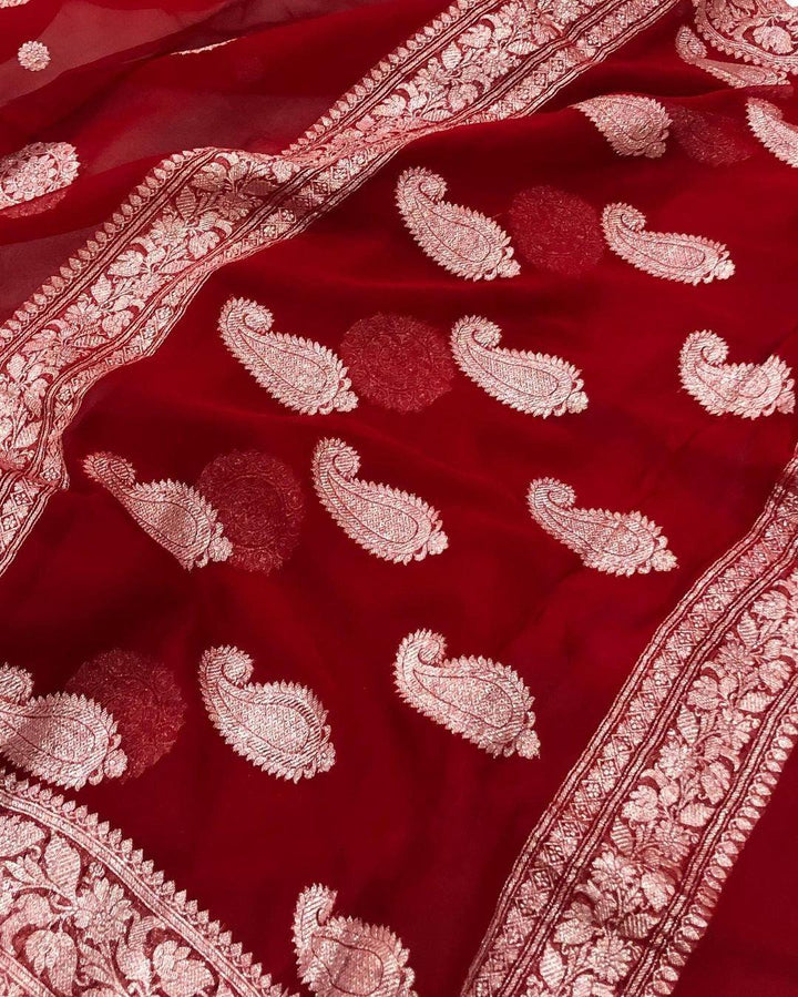 Red Khaddi Chiffon Banarasi Handloom Saree - Aura Benaras