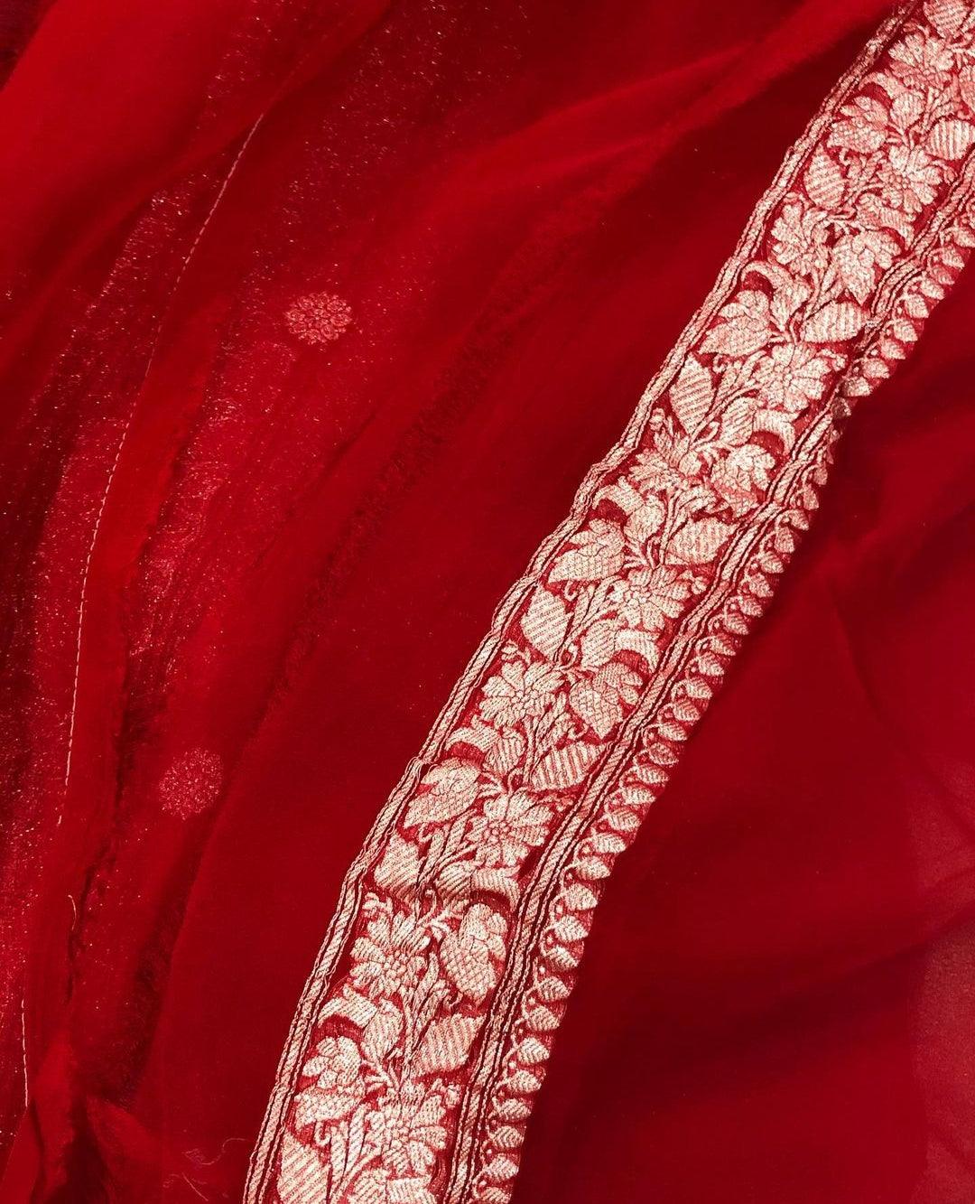 Red Khaddi Chiffon Banarasi Handloom Saree - Aura Benaras
