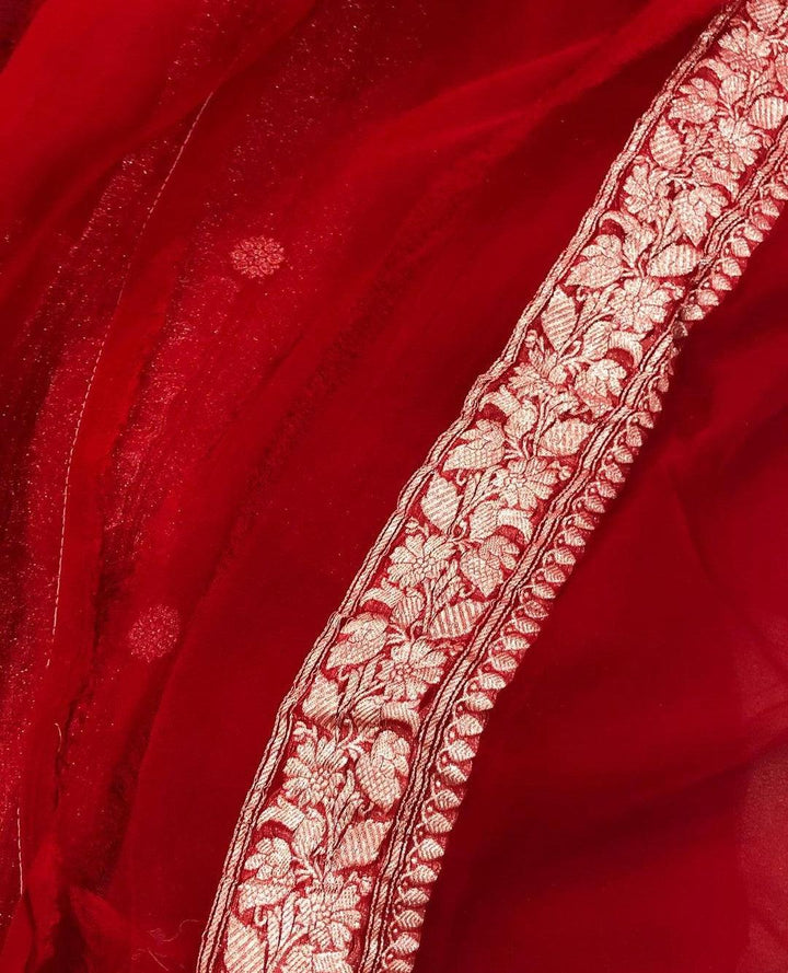 Red Khaddi Chiffon Banarasi Handloom Saree - Aura Benaras