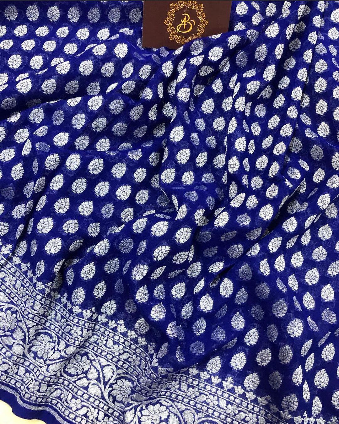 Deep Blue Banarasi Khaddi Georgette Saree - Aura Benaras 