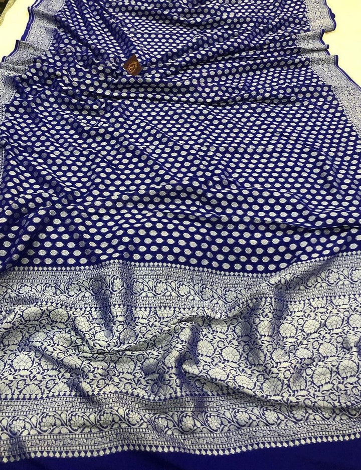 Deep Blue Banarasi Khaddi Georgette Saree - Aura Benaras 