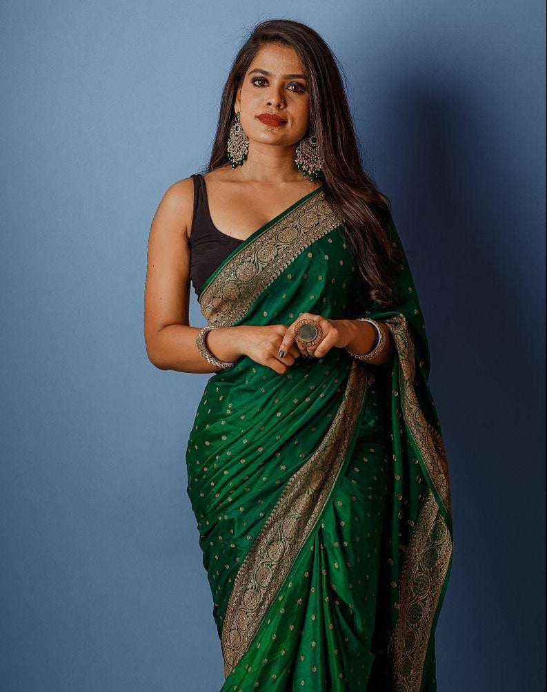 Bottle green Pure Banarasi Khaddi Crepe Silk Saree - Aura Benaras