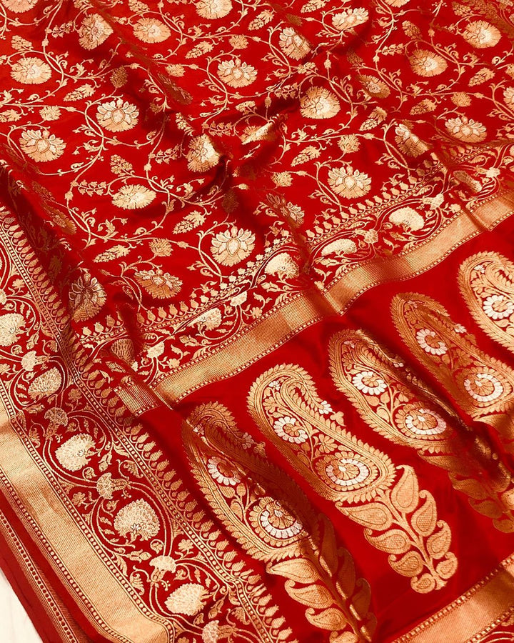 Red Jaal Pure Banarasi Handlloom Katan Silk Saree - Aura Benaras