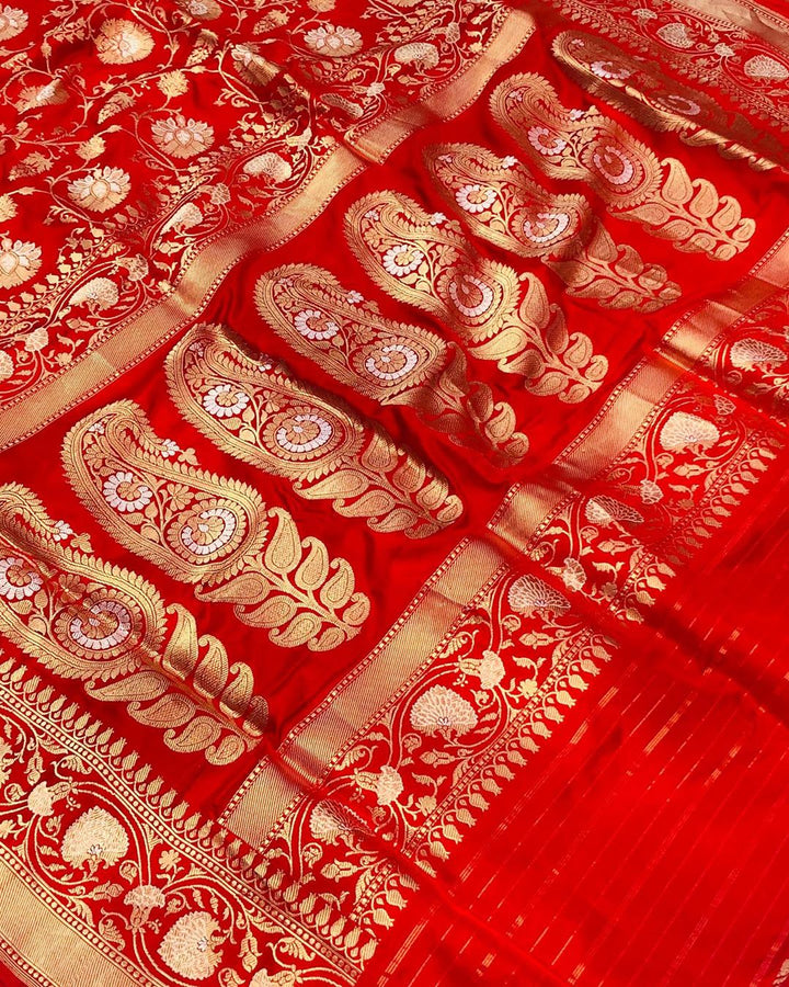 Red Jaal Pure Banarasi Handlloom Katan Silk Saree - Aura Benaras
