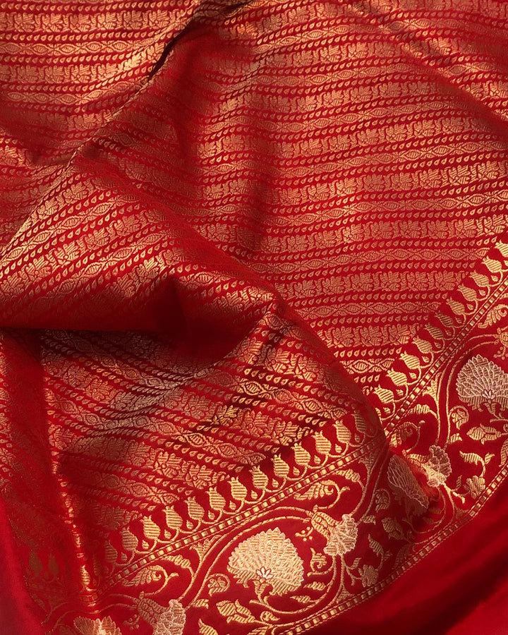 Red Jaal Pure Banarasi Handlloom Katan Silk Saree - Aura Benaras