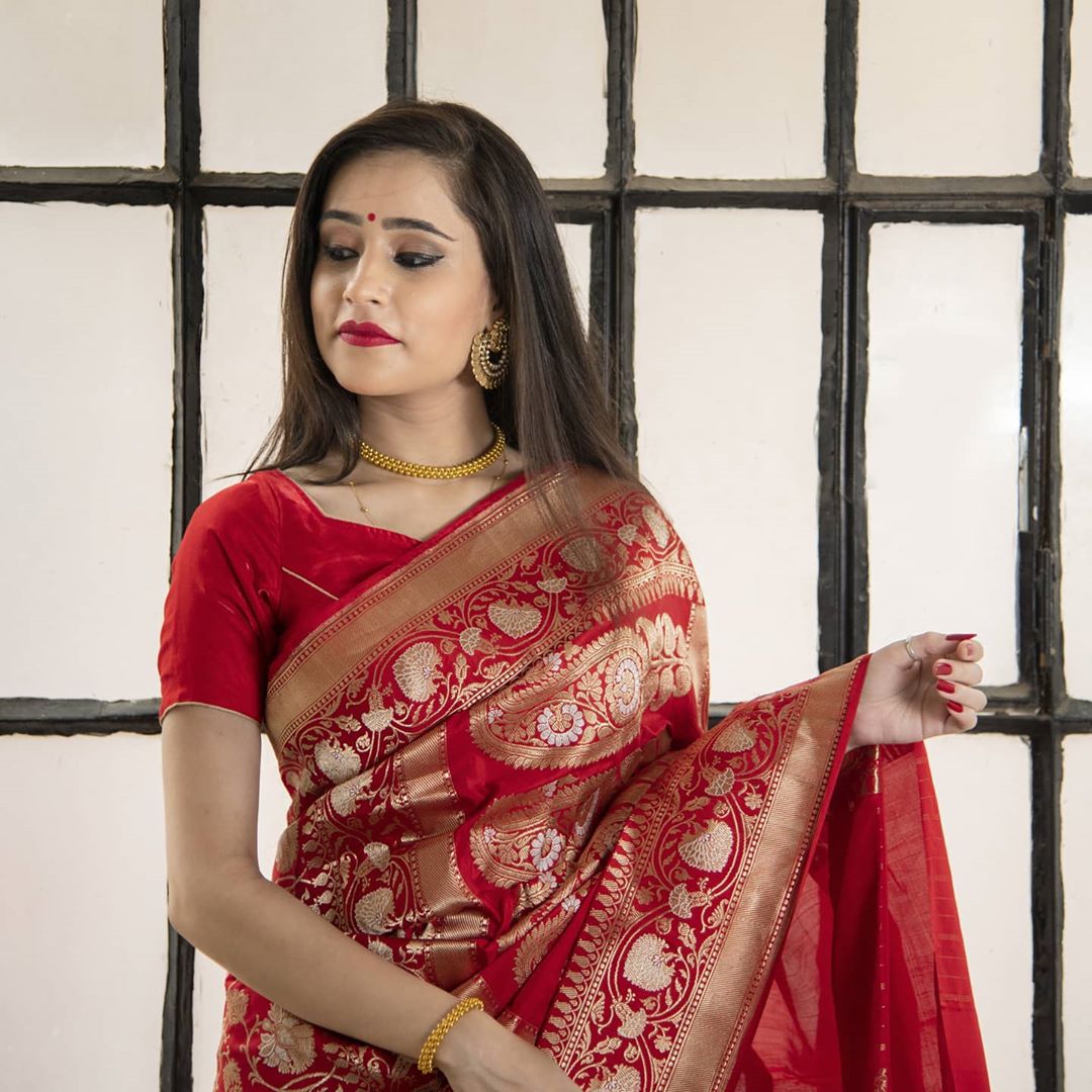 Red Jaal Pure Banarasi Handlloom Katan Silk Saree - Aura Benaras