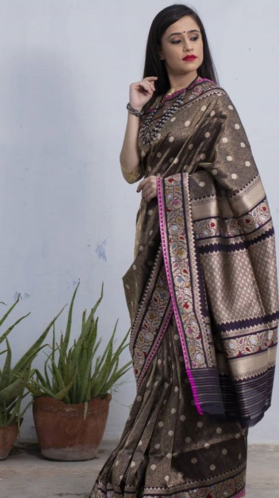 Deep Jamuni Jawamar Banarasi Pure Handloom Katan Silk Saree - Aura Benaras