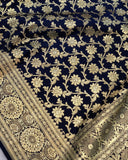 Navy Blue Banarasi Handloom Satin Silk Saree - Aura Benaras
