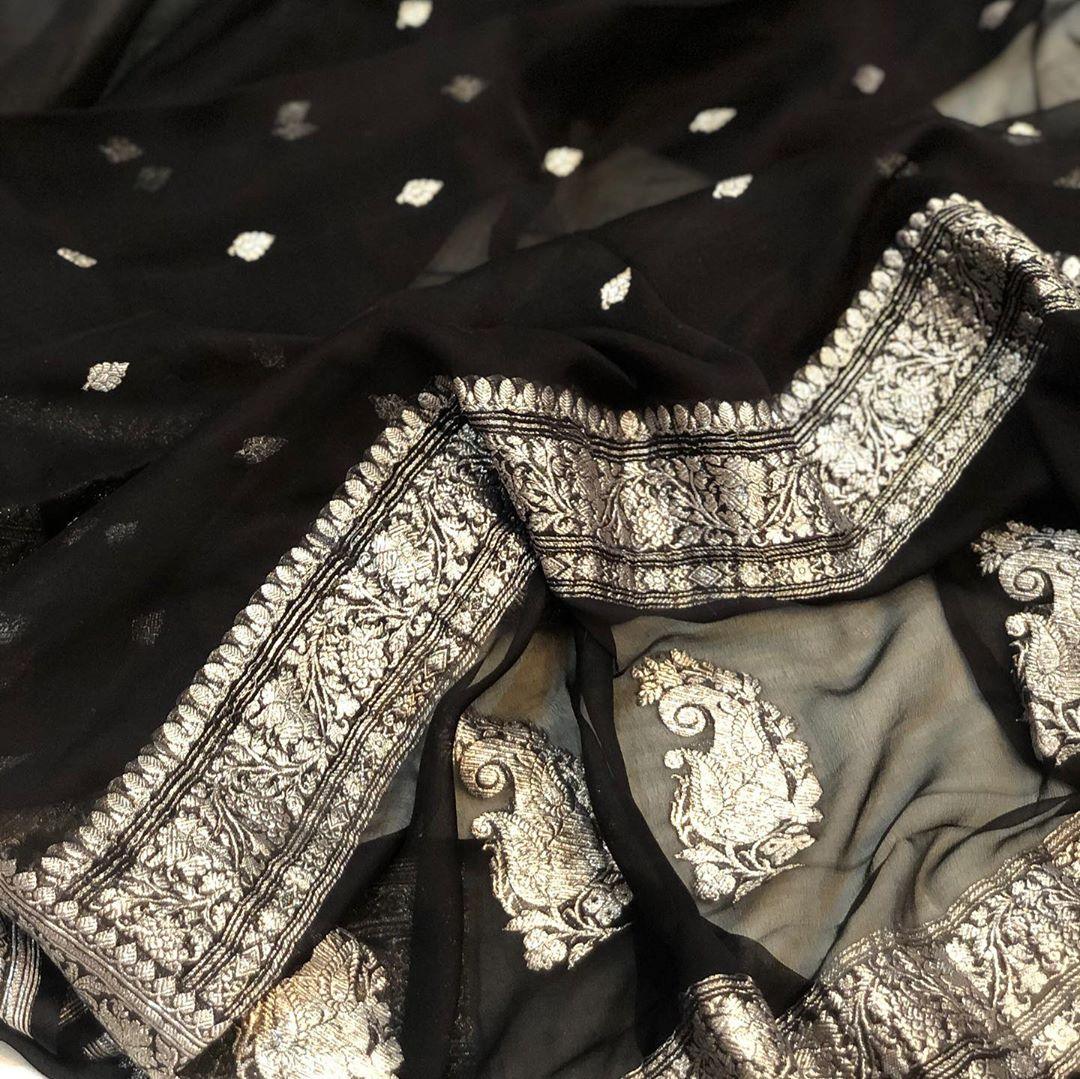 Black Khaddi Chiffon Banarasi Handloom Saree - Aura Benaras