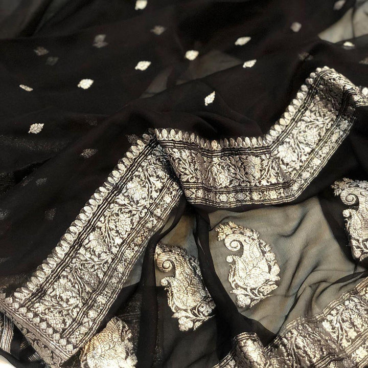 Black Khaddi Chiffon Banarasi Handloom Saree - Aura Benaras
