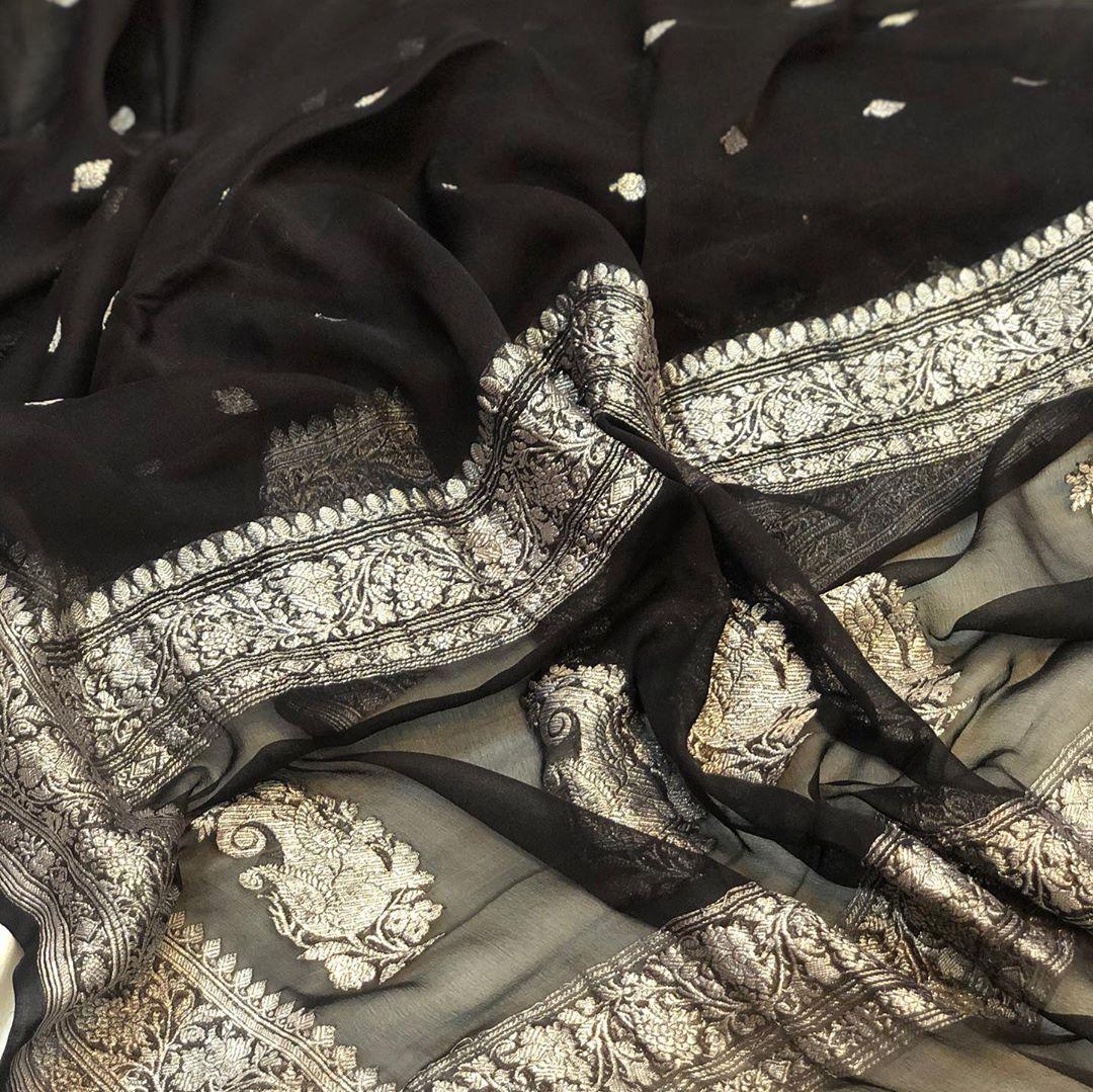 Black Khaddi Chiffon Banarasi Handloom Saree - Aura Benaras