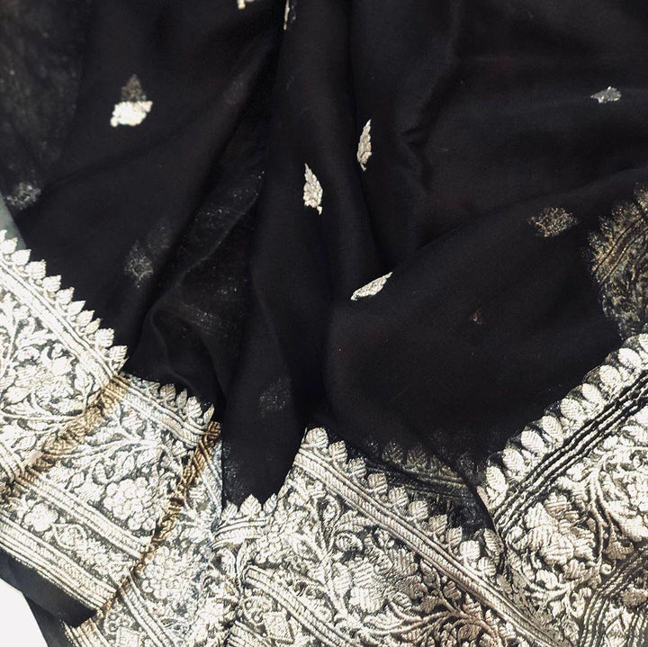Black Khaddi Chiffon Banarasi Handloom Saree - Aura Benaras