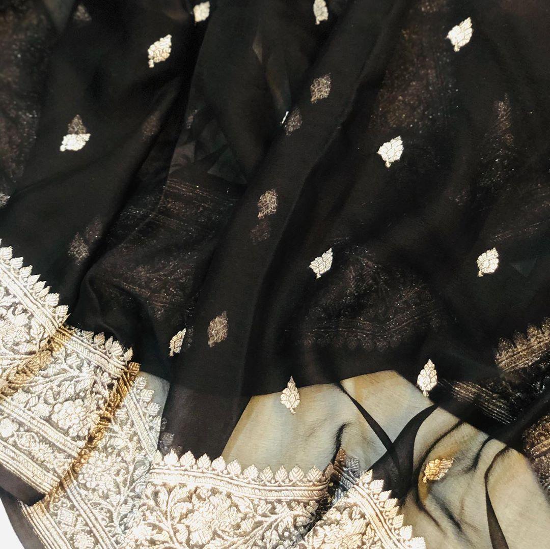 Black Khaddi Chiffon Banarasi Handloom Saree - Aura Benaras