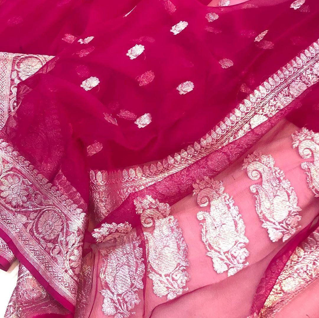 Deep Pink Khaddi Chiffon Banarasi Handloom Saree - Aura Benaras