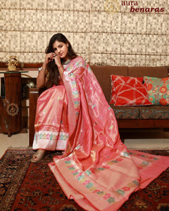 Pre Order :: Rose Gold Banarasi Handloom Tissue Katan Silk Saree - Aura Benaras