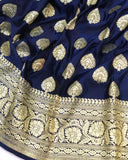Navy Blue Banarasi Handloom Satin Silk Saree - Aura Benaras