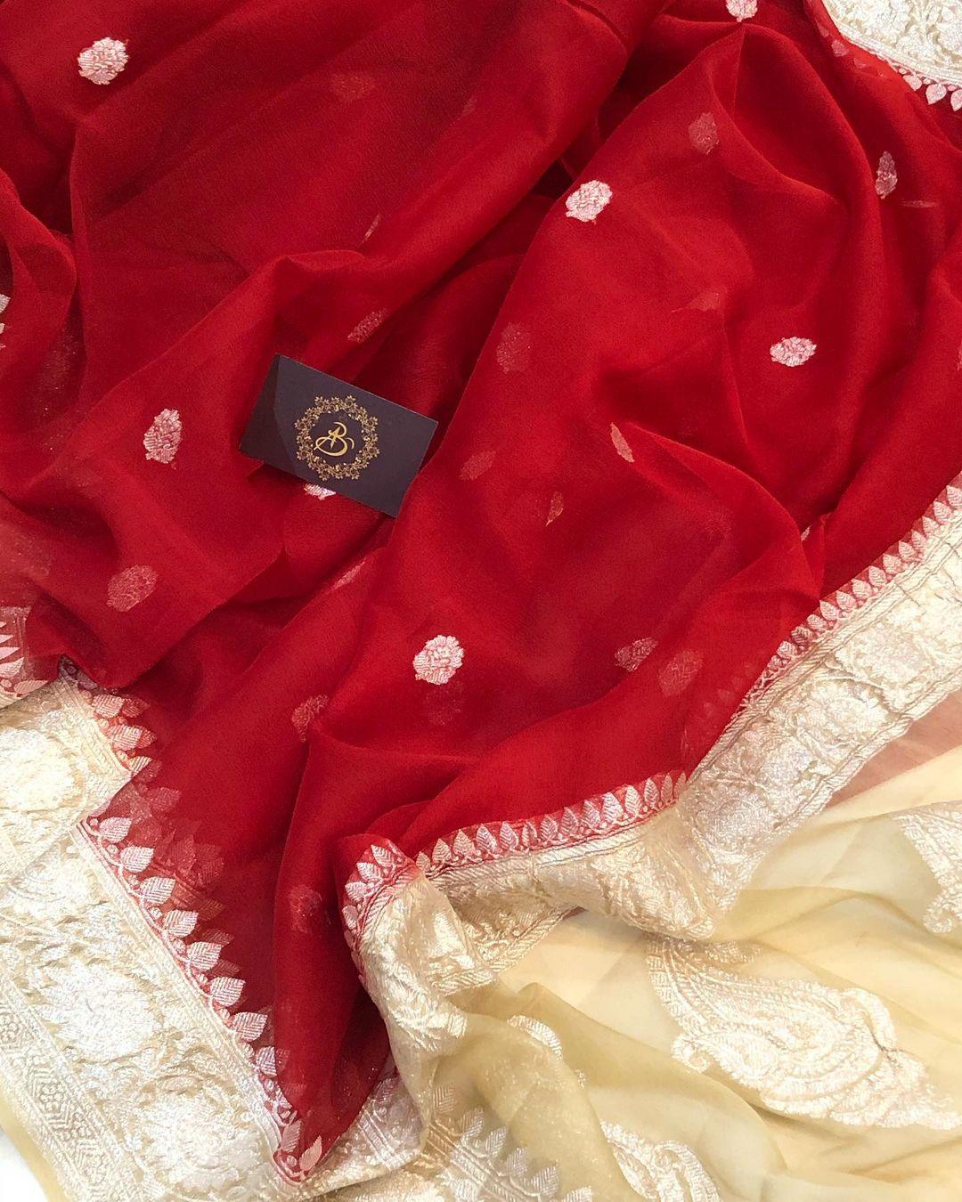 Red Khaddi Chiffon Banarasi Handloom Saree - Aura Benaras