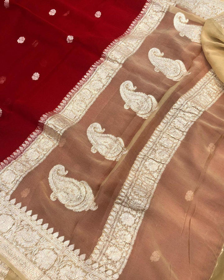 Red Khaddi Chiffon Banarasi Handloom Saree - Aura Benaras
